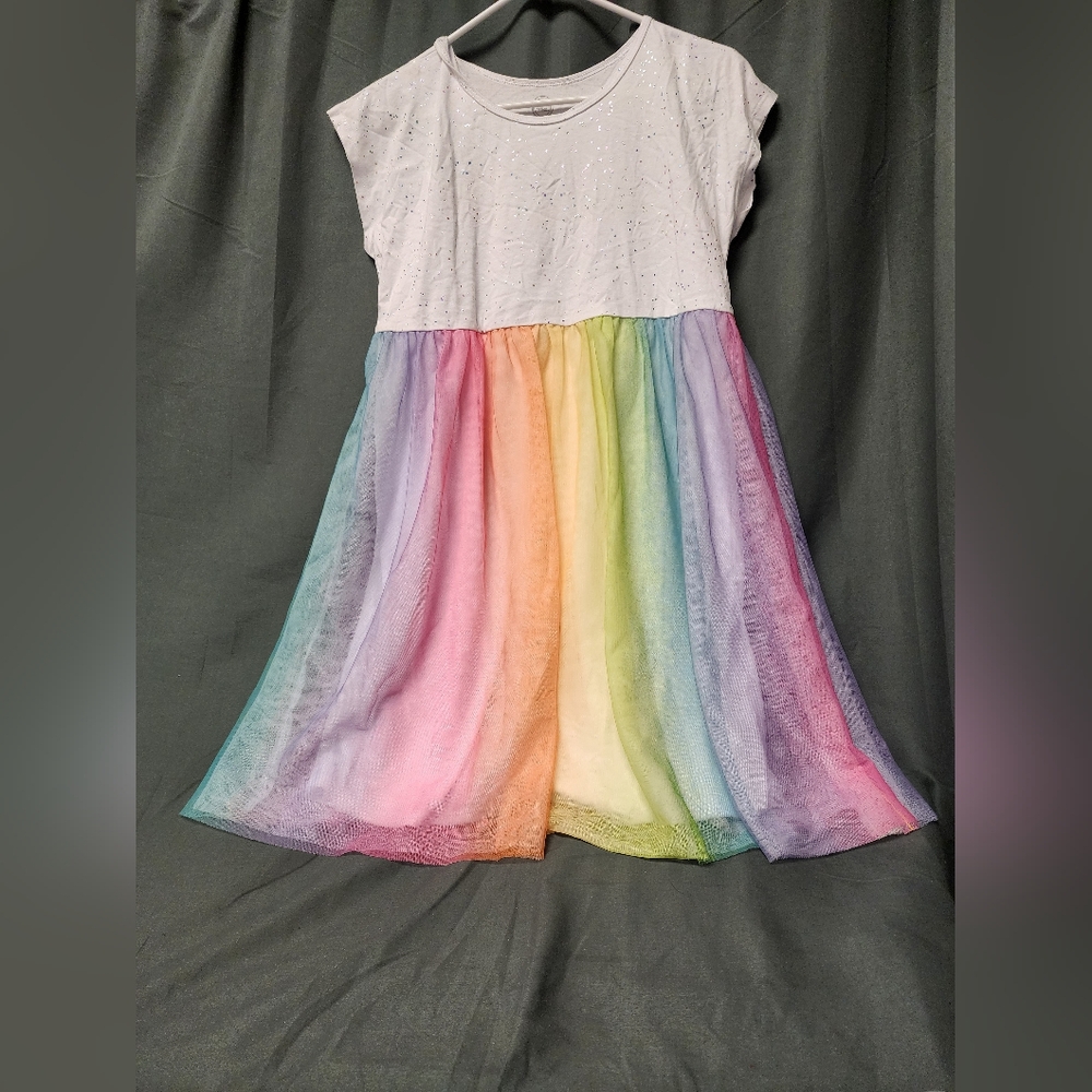Girl's White Dress with Rainbow Skirt Dress, Size XL (14-16) PLUS SIZE
